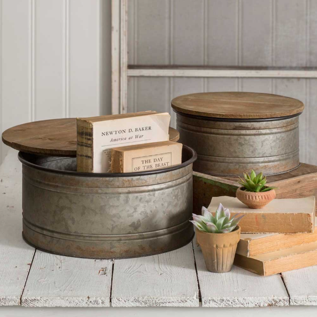 Rustic Metal Round Storage Bins with Lids, Set of 2, Nesting