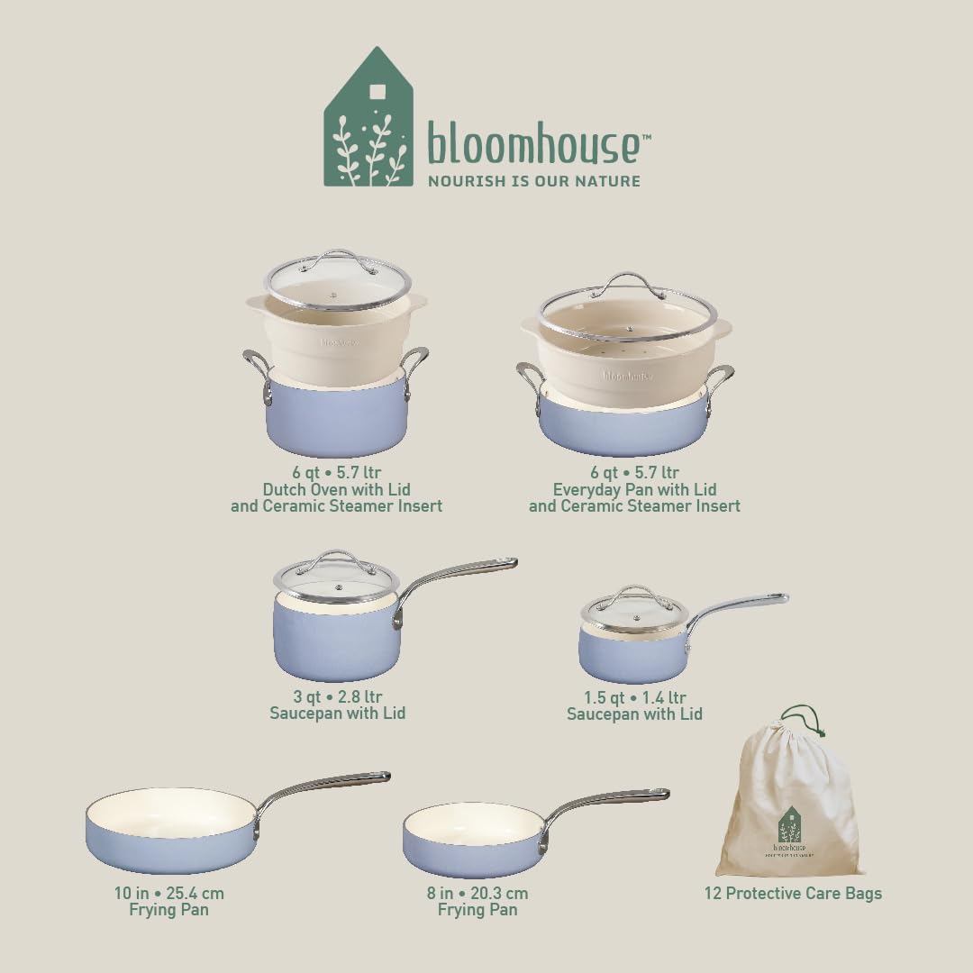 Bloomhouse 12-Piece Aluminum Ceramic Nonstick Cookware Set, Periwinkle Blue
