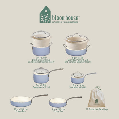 Bloomhouse 12-Piece Aluminum Ceramic Nonstick Cookware Set, Periwinkle Blue